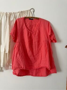 Made in Italy 100% Linen Coral Short Sleeve Blouse